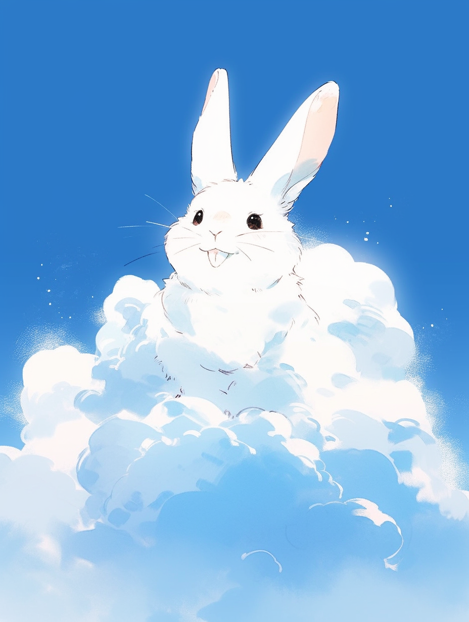 Fluffy cloud rabbit smiling blue