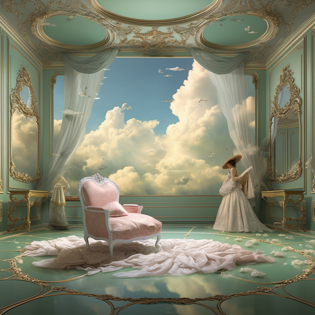 Empty cloud room with chair and mirror