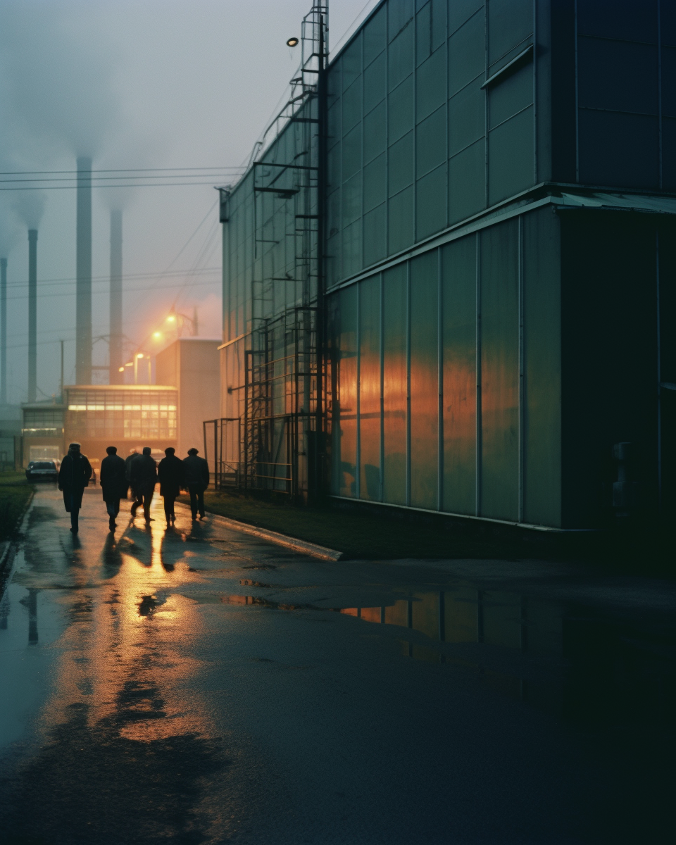 Workers leaving factory at cloudy evening