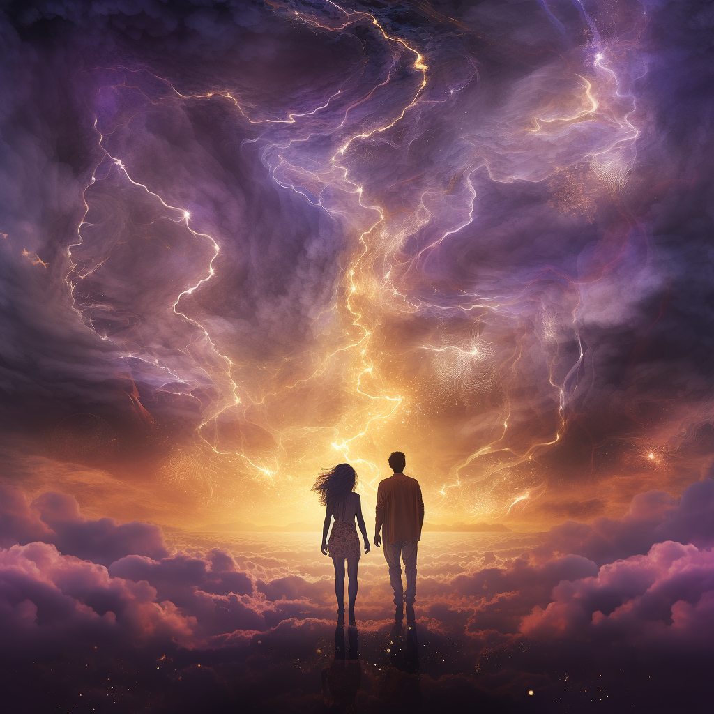 Couple walking on clouds at sunset