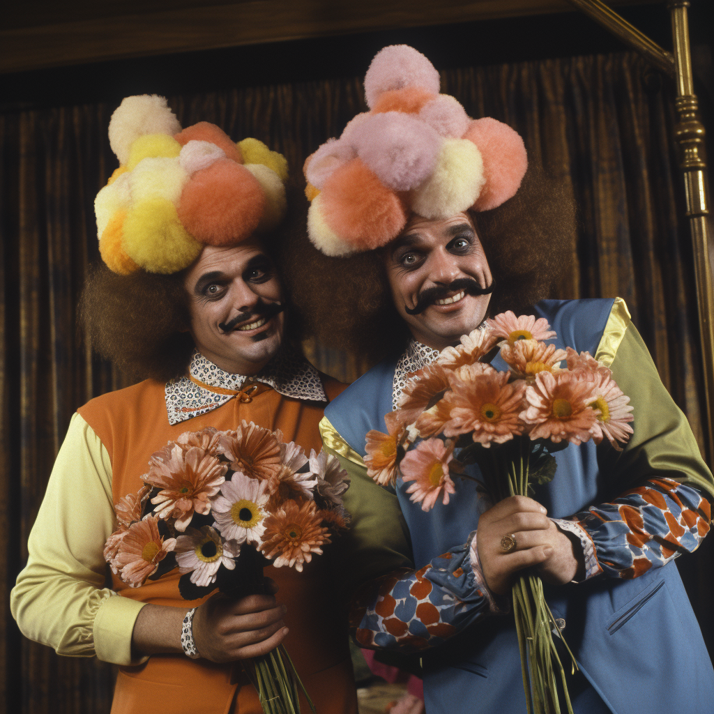 Colorful Clown performing tricks with flowers