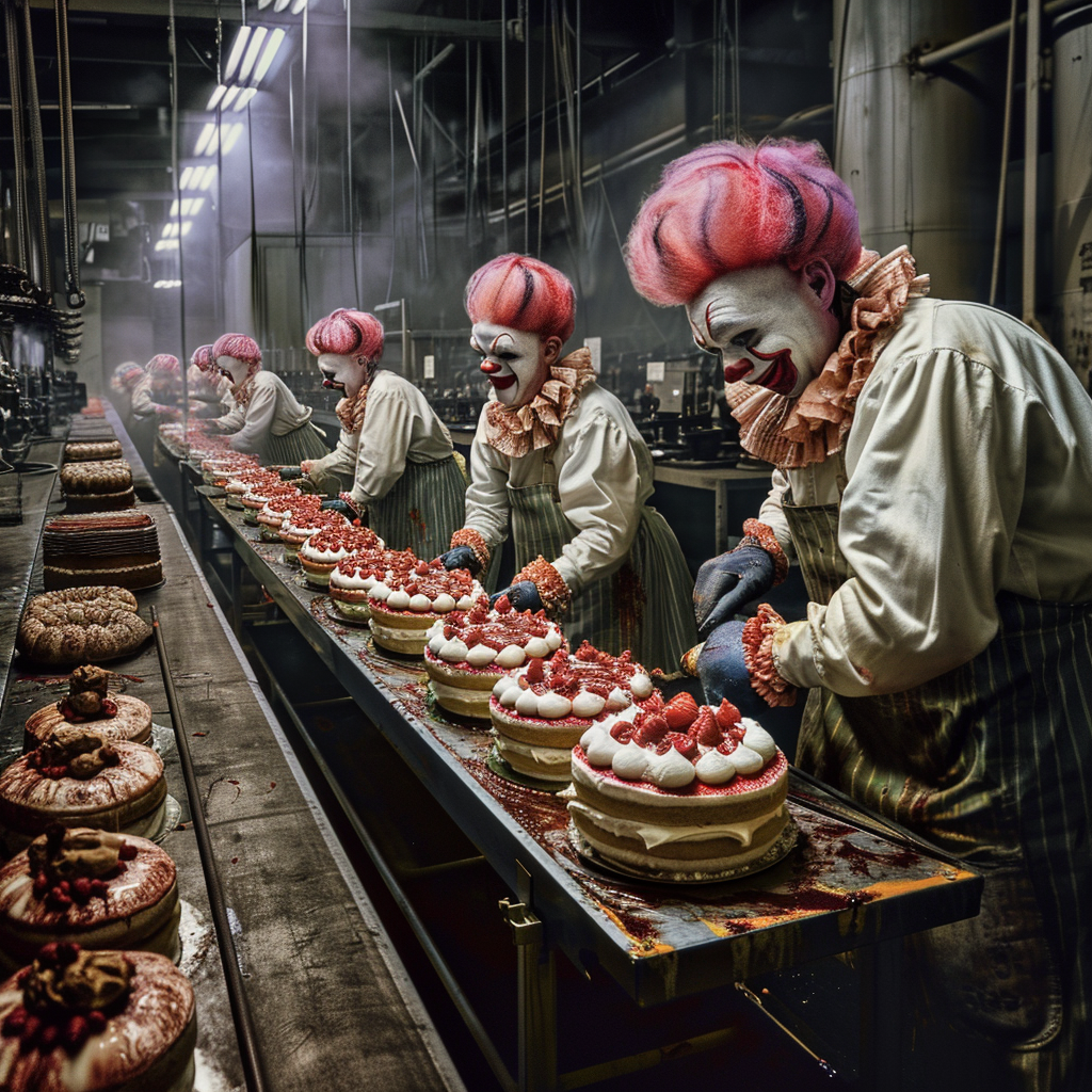 Clown assembly line horror industrial