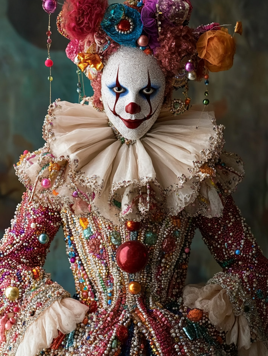 clown costume with beads, sequins, velvet, sheer appliques