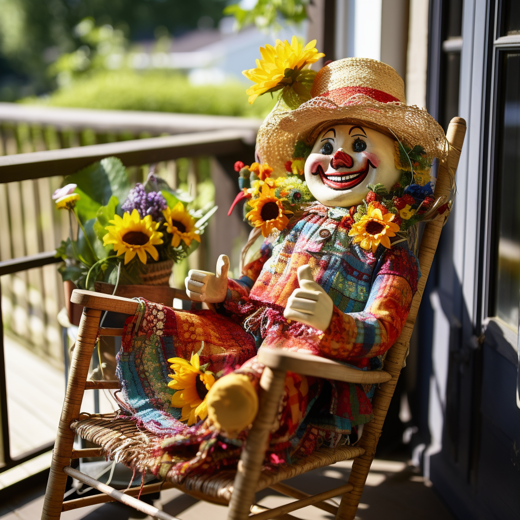 Clown doll in rattan rocking chair