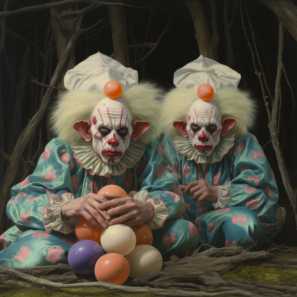 Funny clown laying colorful eggs