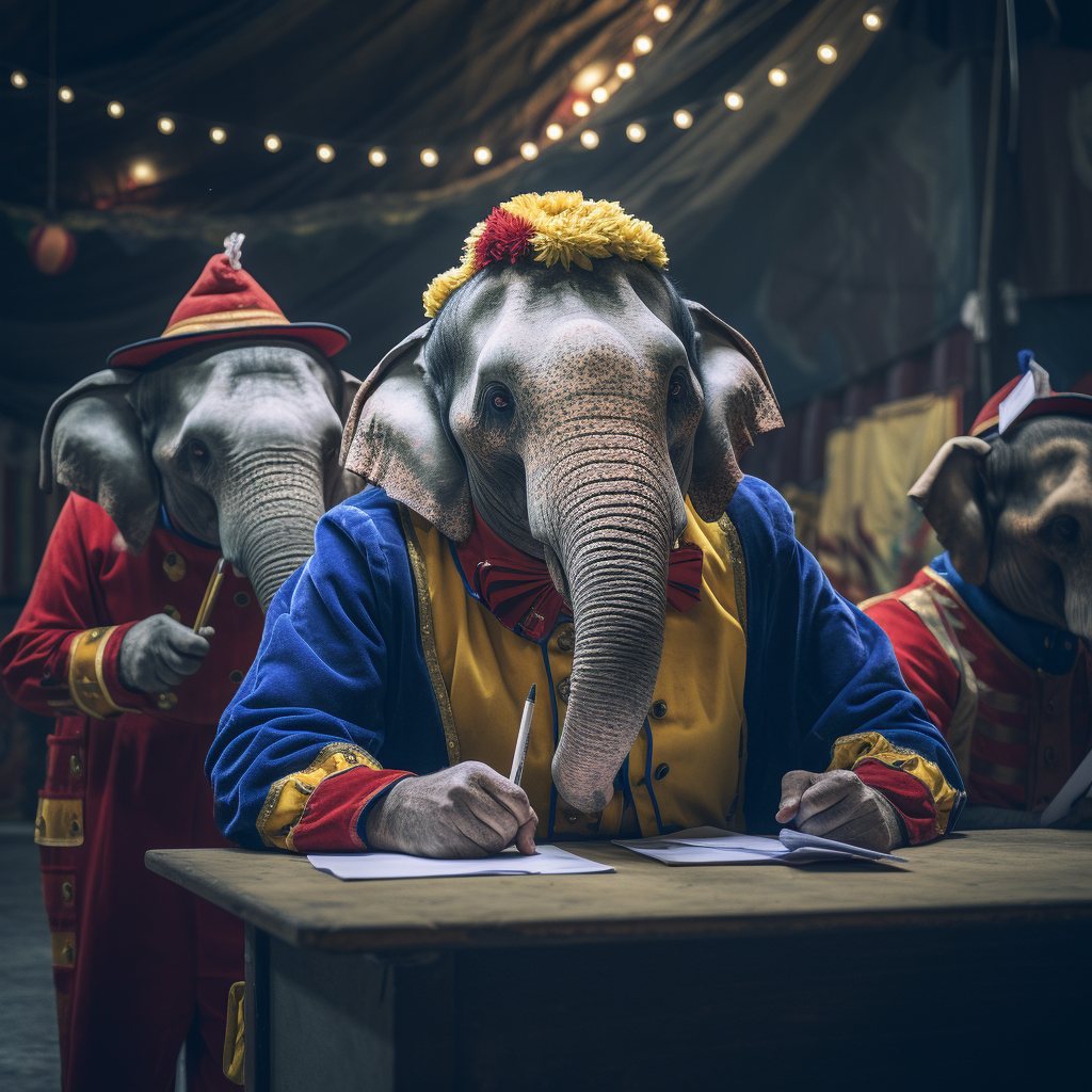 Clown elephants holding paperwork in the circus