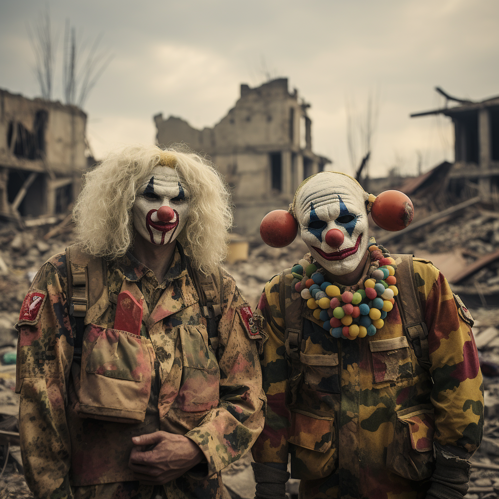 People dressed in clown outfits in a war zone