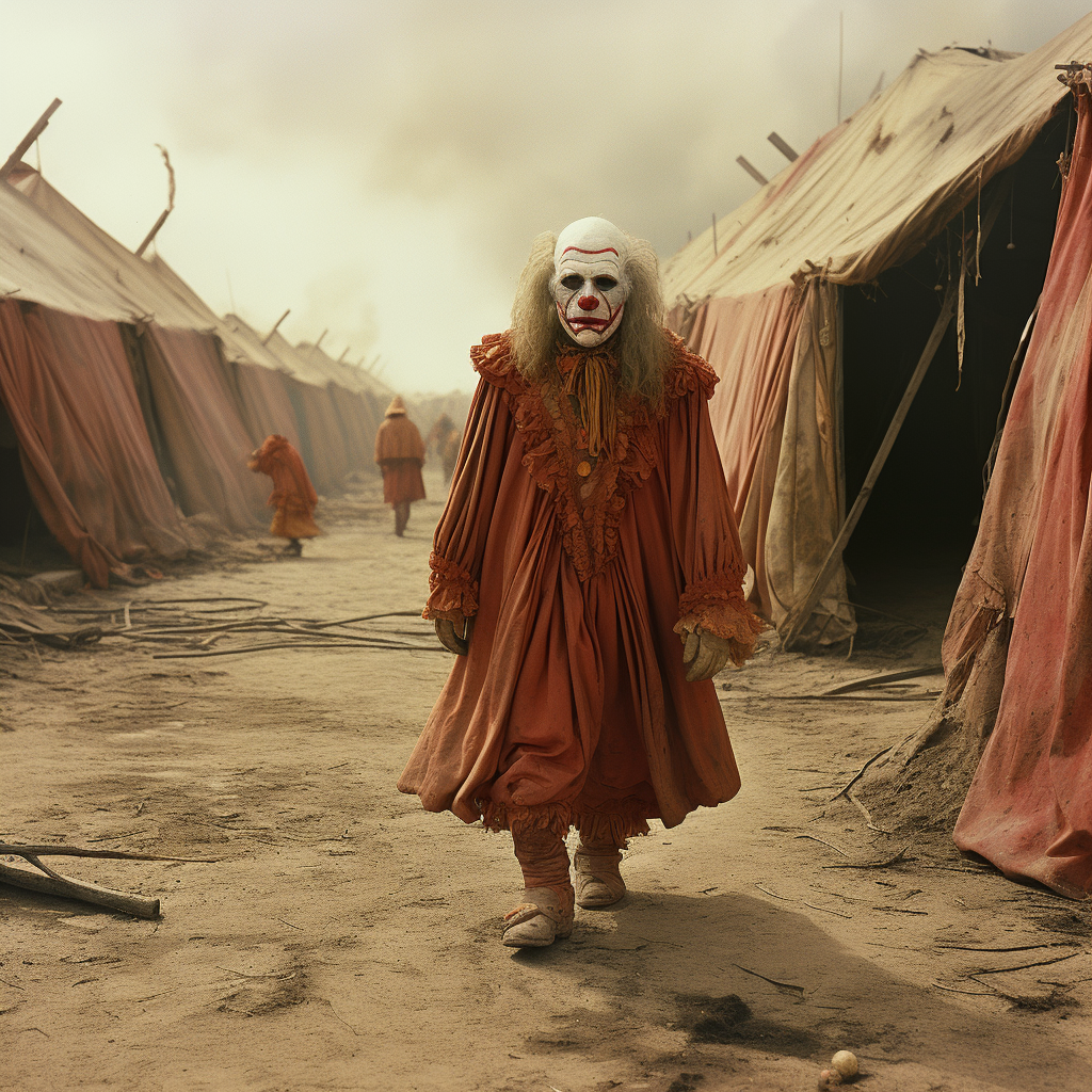 Clown walking in abandoned circus tent