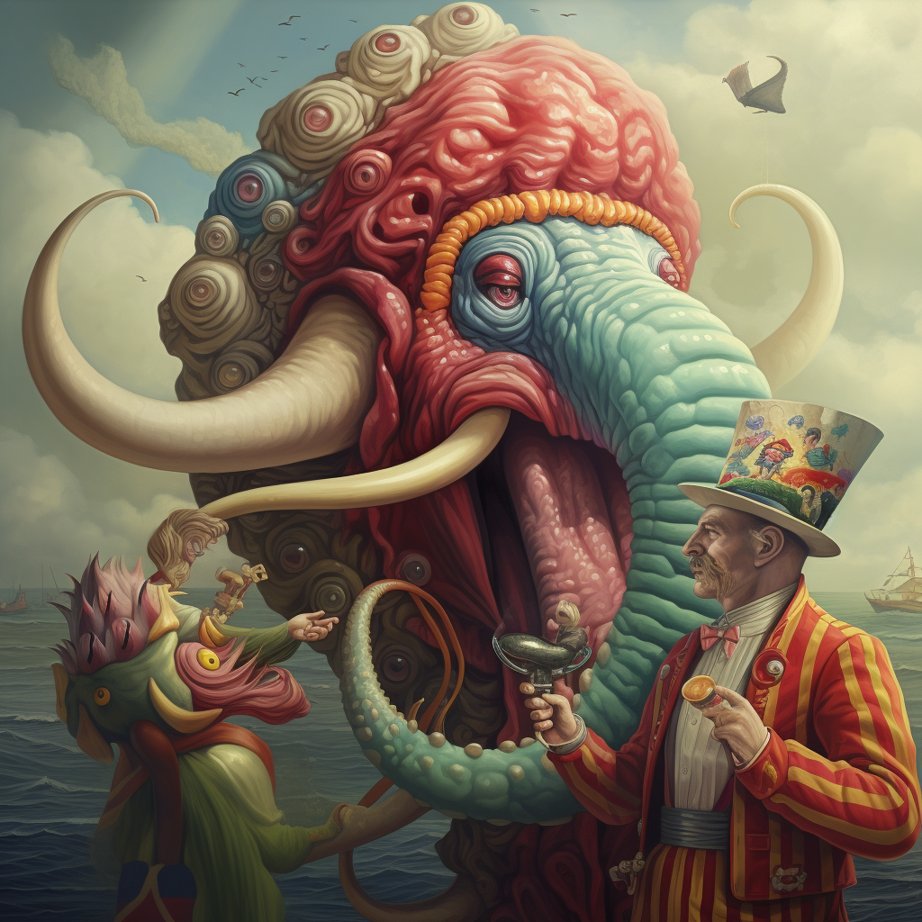 Clown with octopus-inspired nose playing with elephant