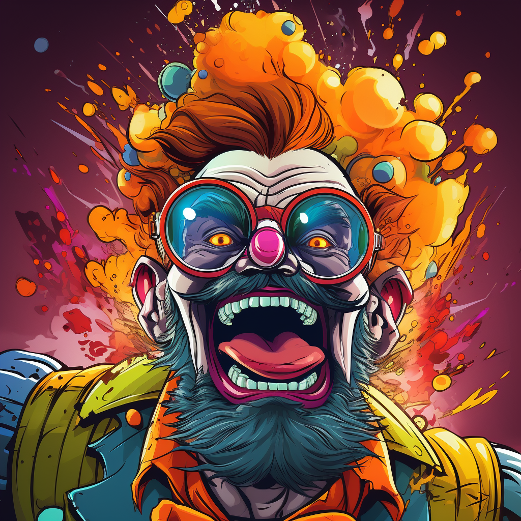 Clown superhero in gritty sci-fi cartoon