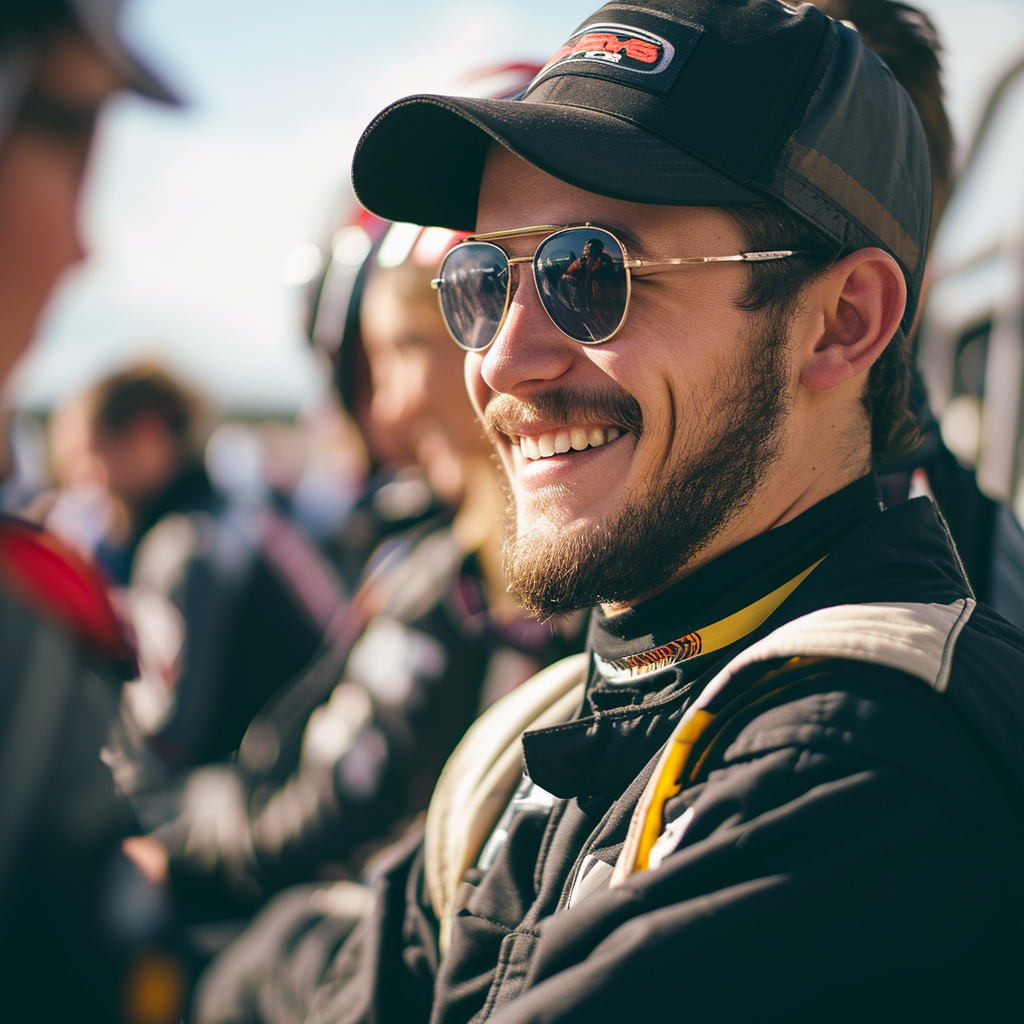 Smiling club racing driver surrounded by friends at paddock