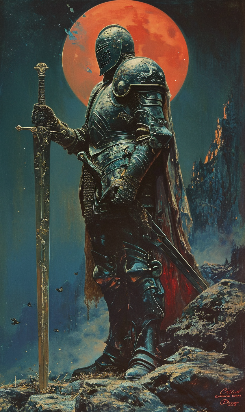 Fantasy lithograph of middle-aged knight in gothic setting