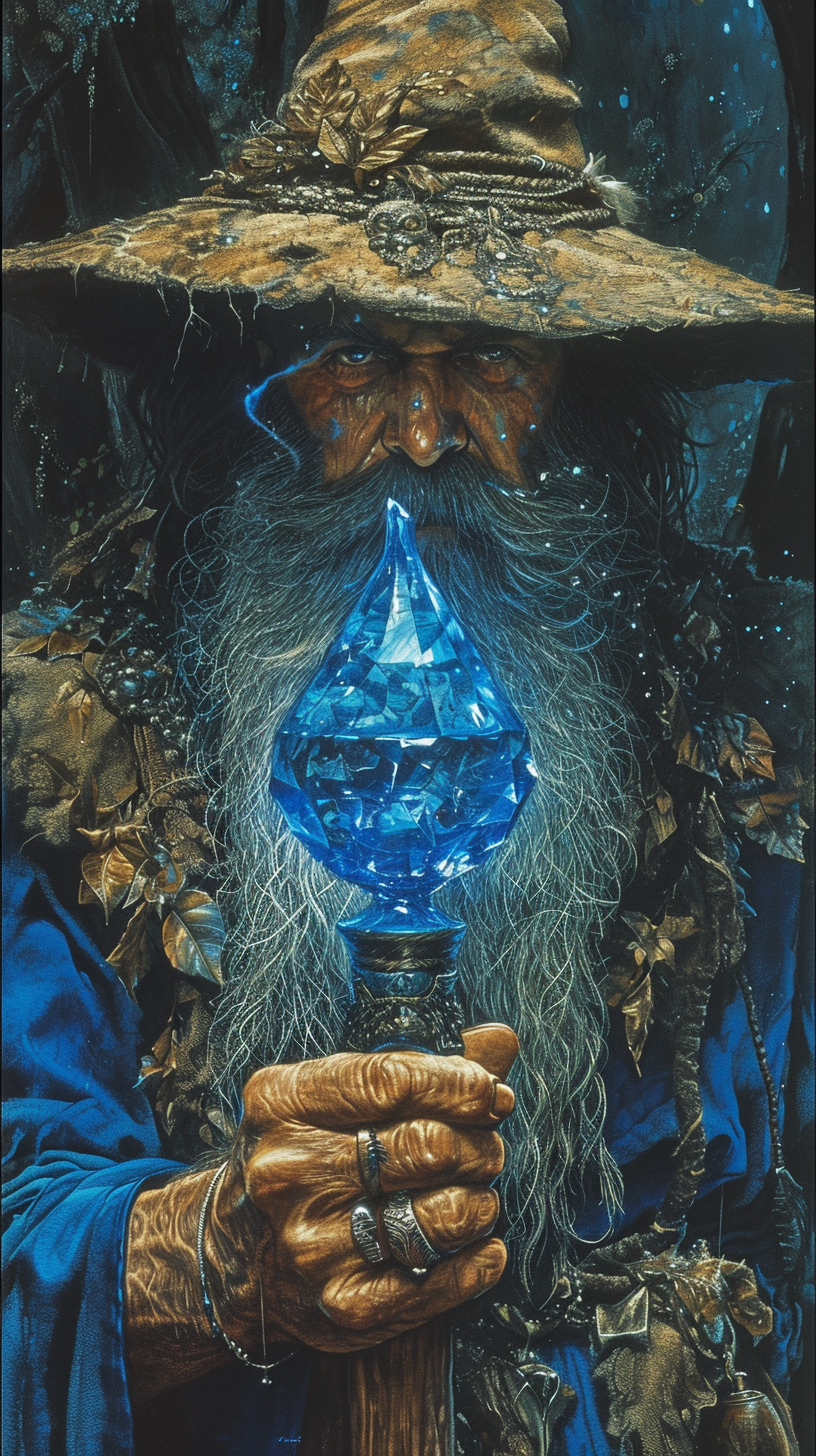 Dark bearded wizard with glass staff