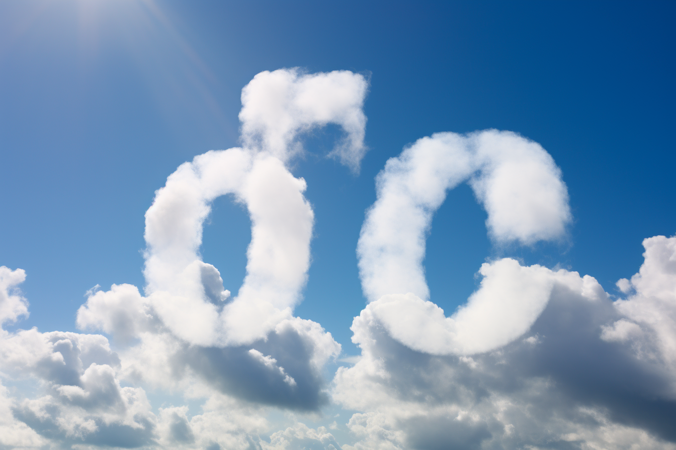 CO2 spelled in clouds against blue sky  (6 words)