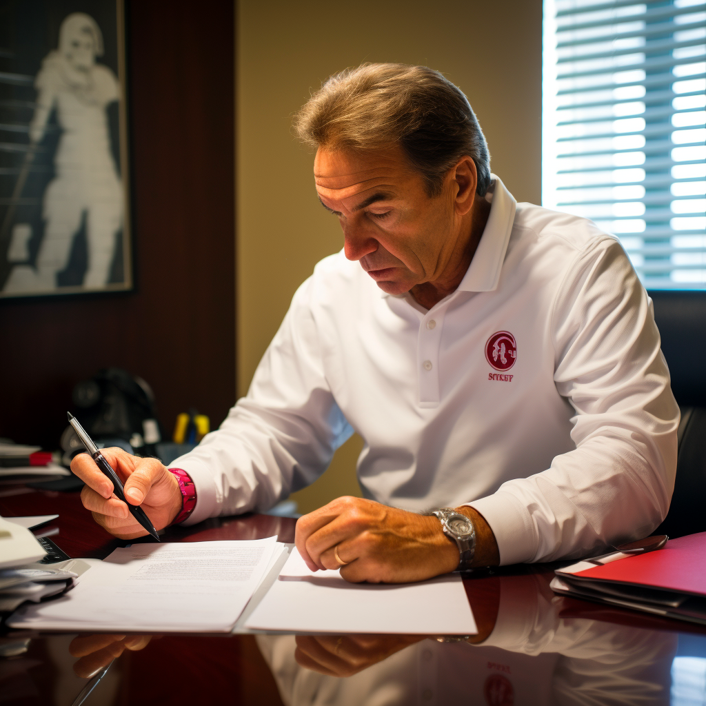 Coach Saban opening medical bill in office