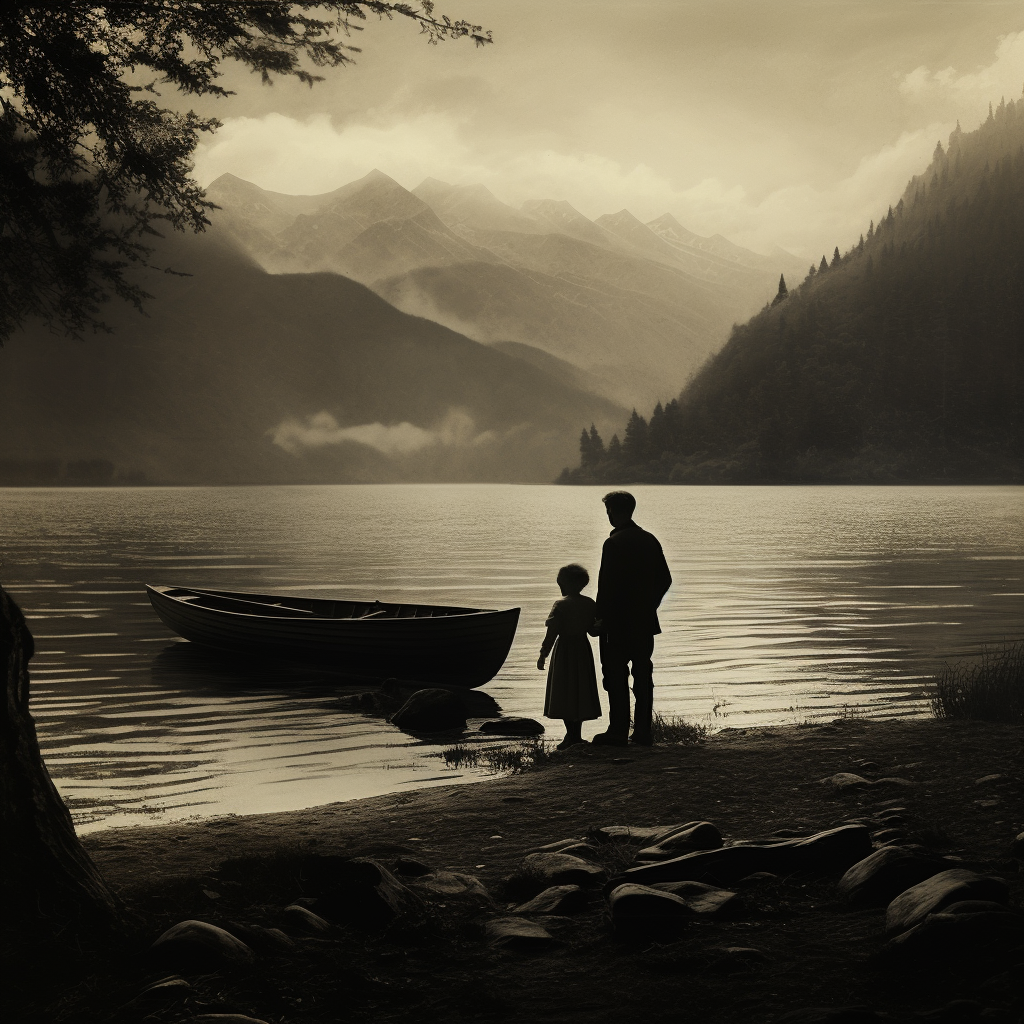 Parents arguing by the coast of a Norwegian lake