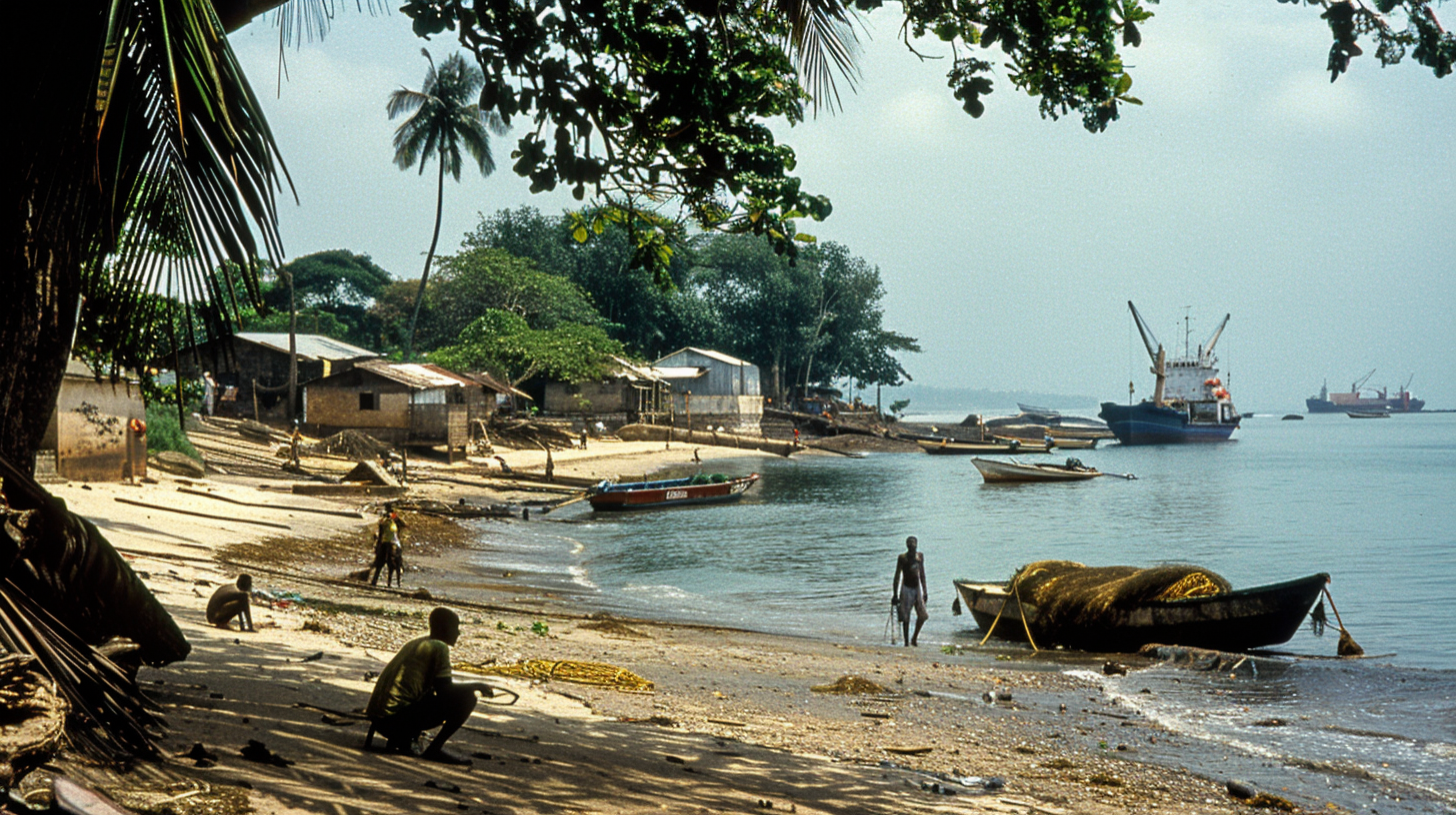 Local fishermen mending nets on shore