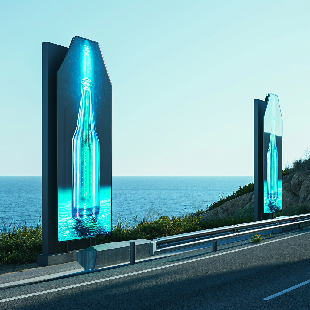 Two vertical energy drink panels overlooking the sea