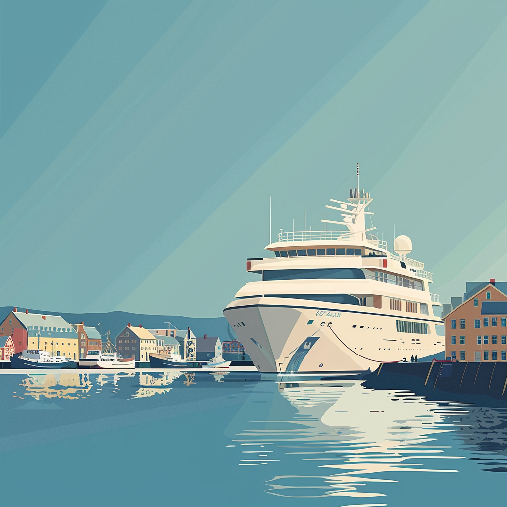 Working waterfront cruise ship illustration