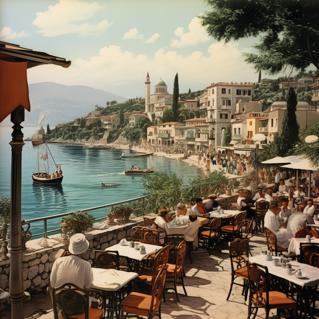 Vintage postcard of a coastal Turkish town with charming eatery overlooking bay