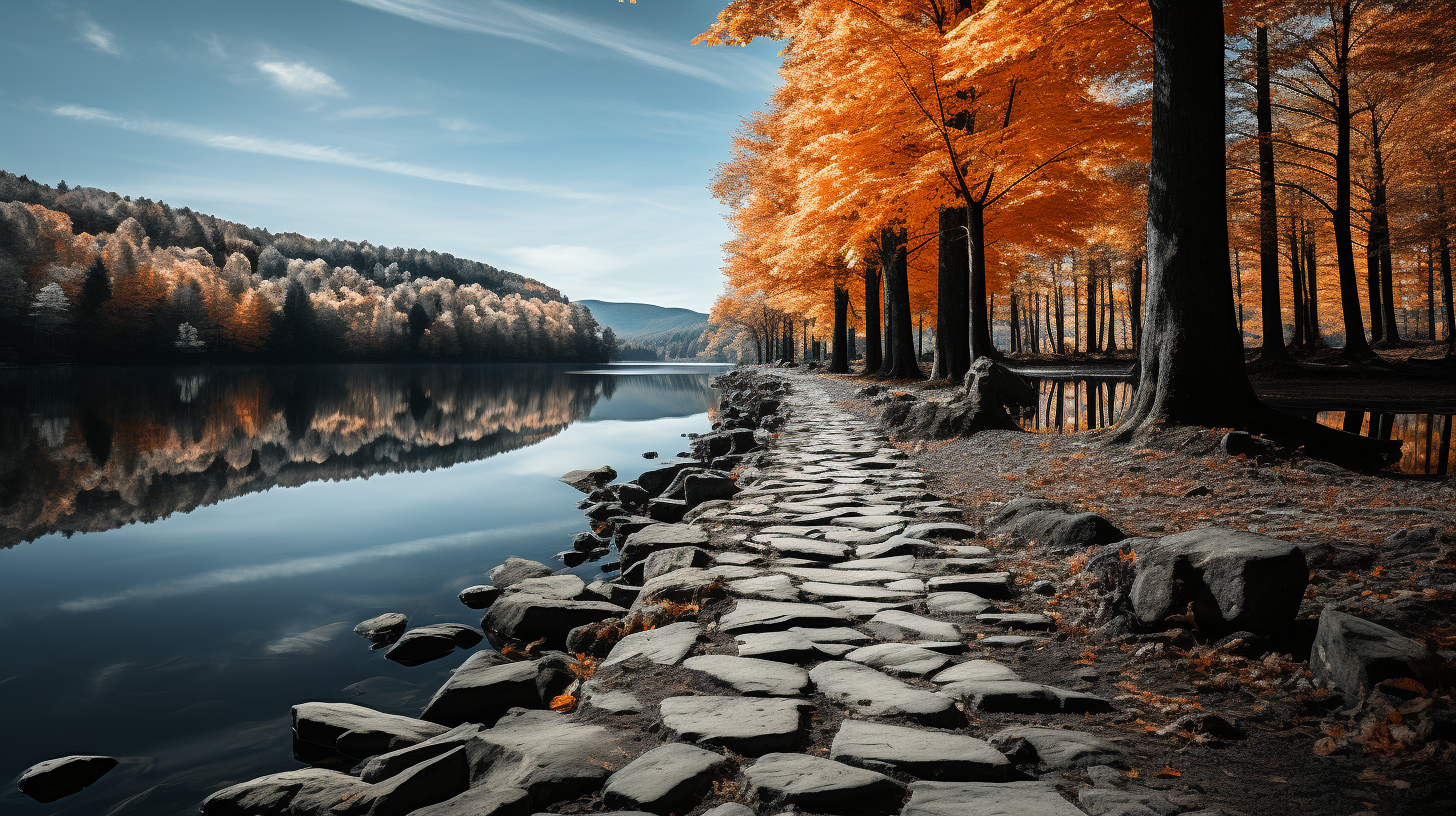 Cobblestone path around mountain lake with abstract neon