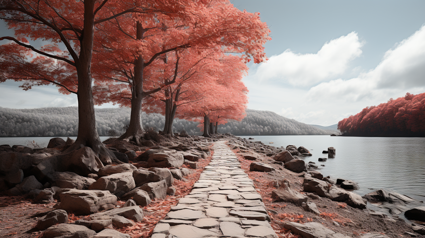 Beautiful cobblestone path around mountain lake