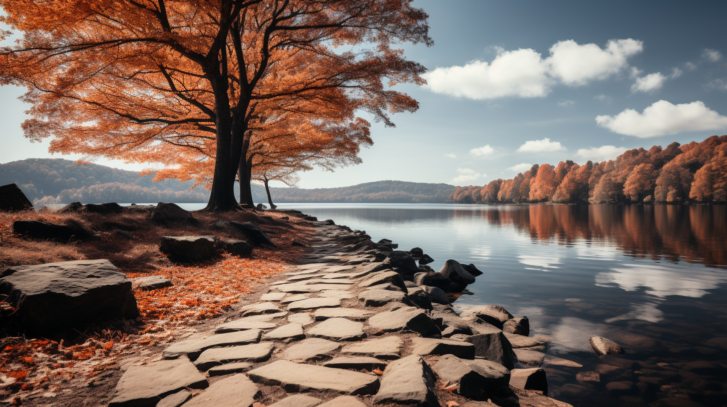 Beautiful cobblestone path surrounding a mountain lake