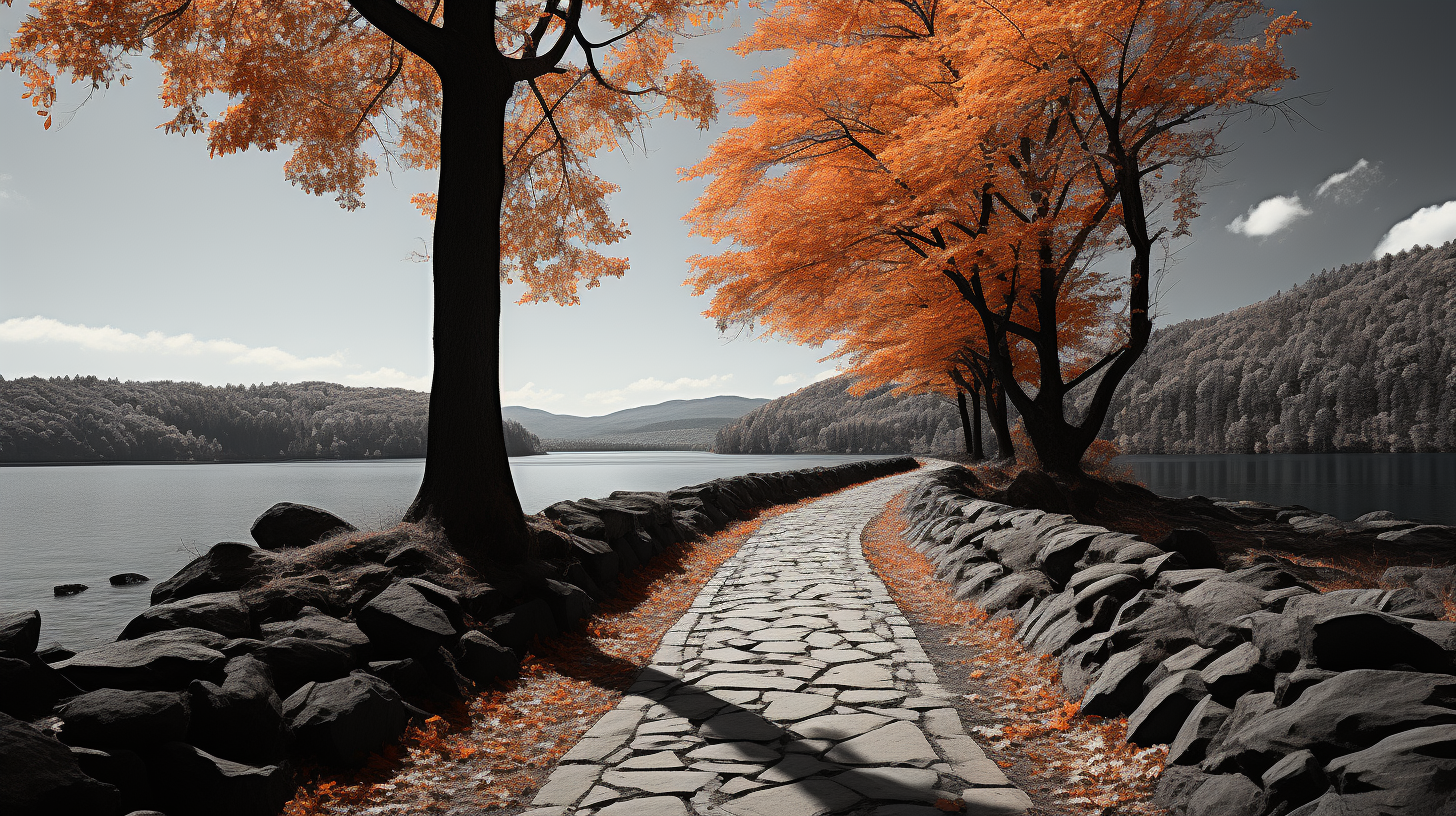 Cobblestone path around mountain lake