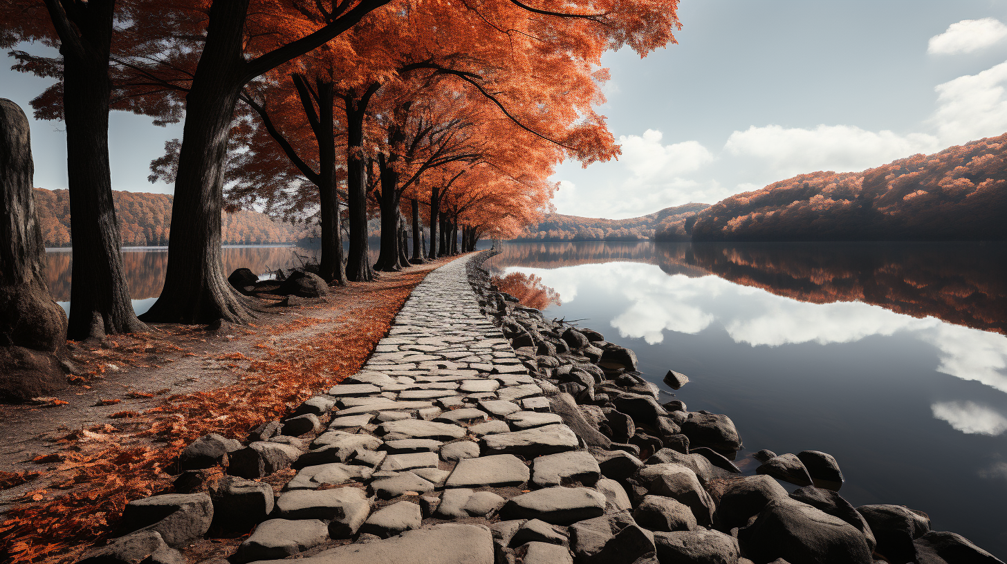 Beautiful cobblestone path around mountain lake