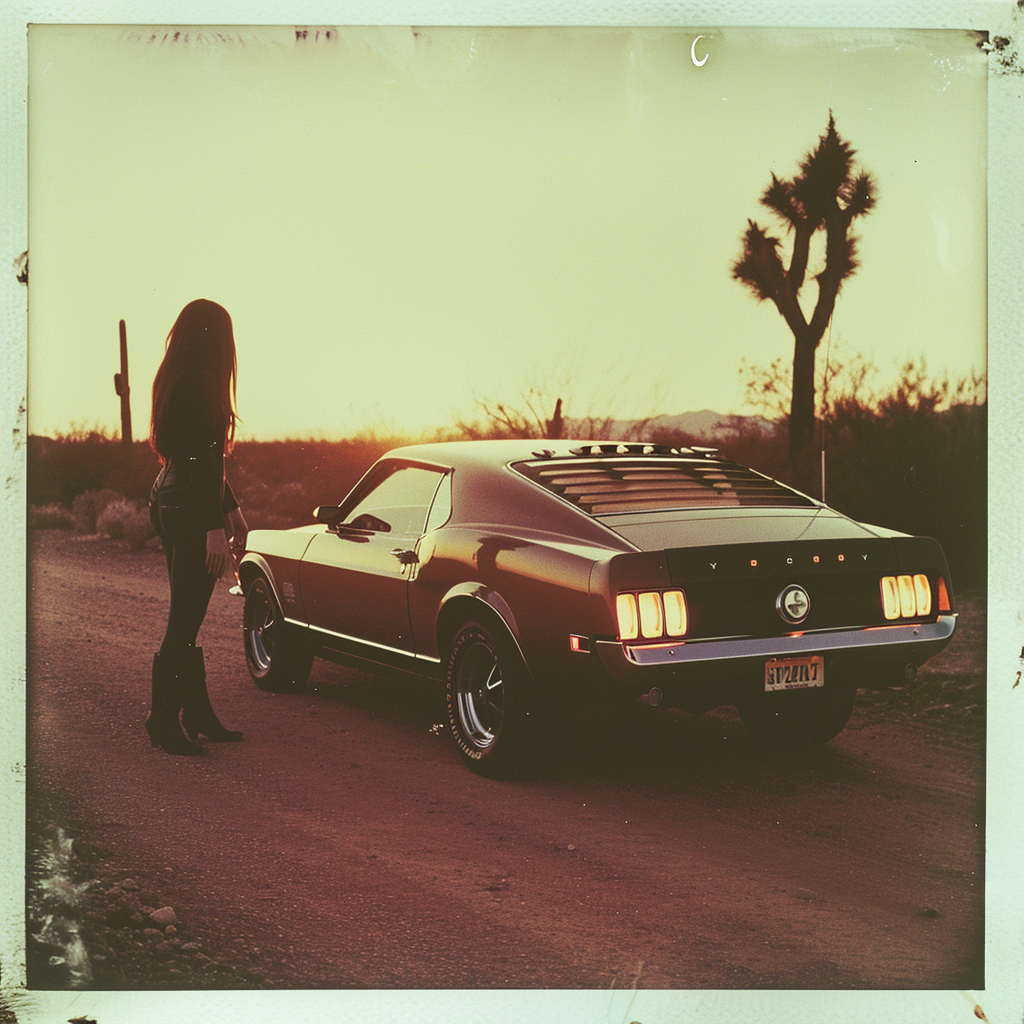 American woman with 1970 Cobra Mustang in Arizona desert