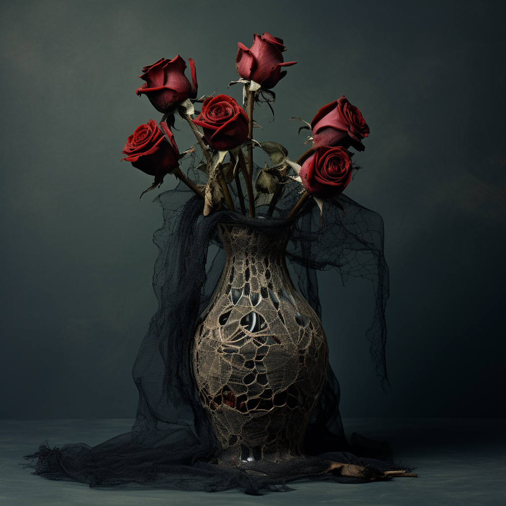 Beautiful vase of roses covered in cobwebs