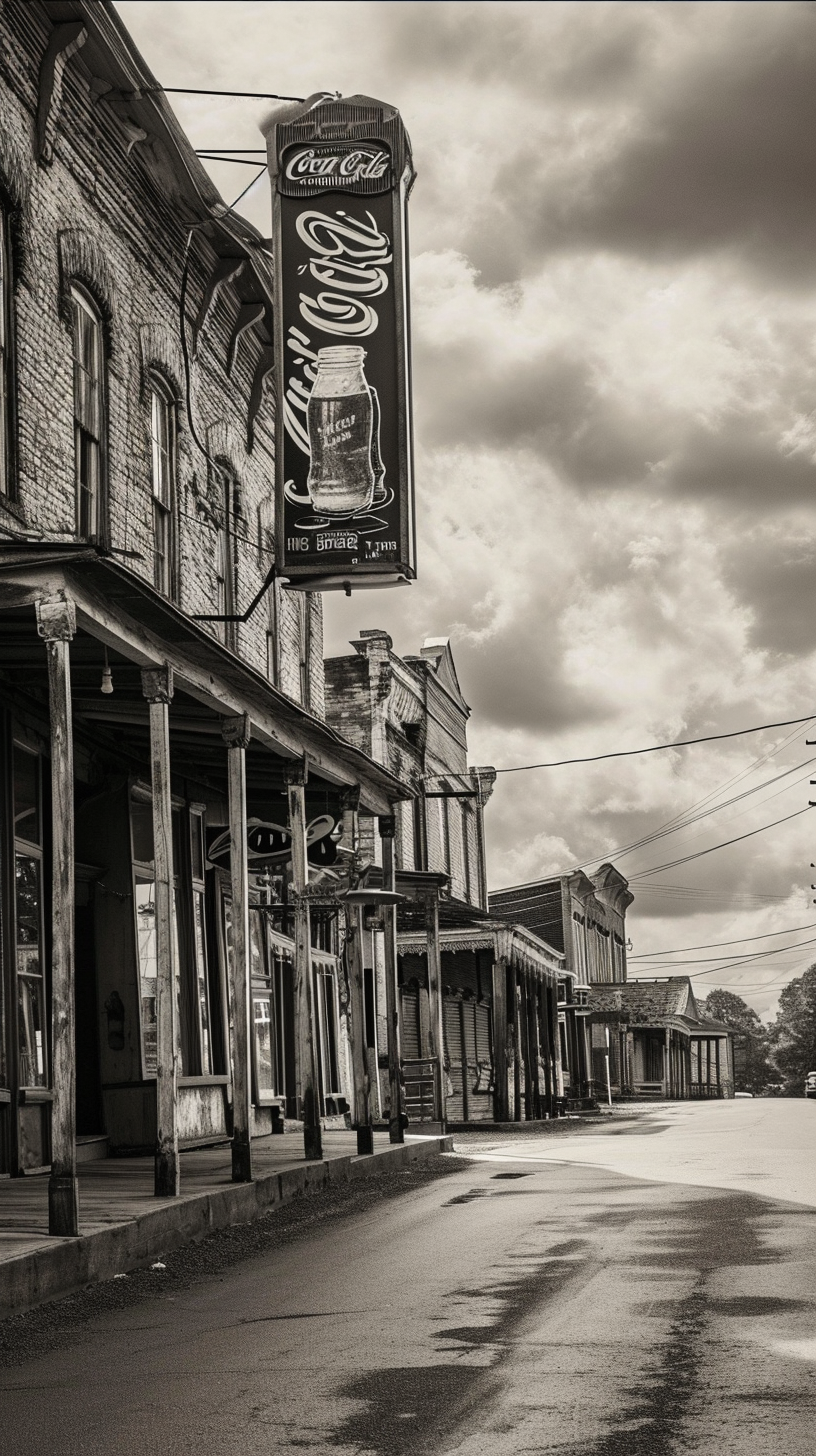 Black and white photo of a Coca-Cola billboard in a small town street