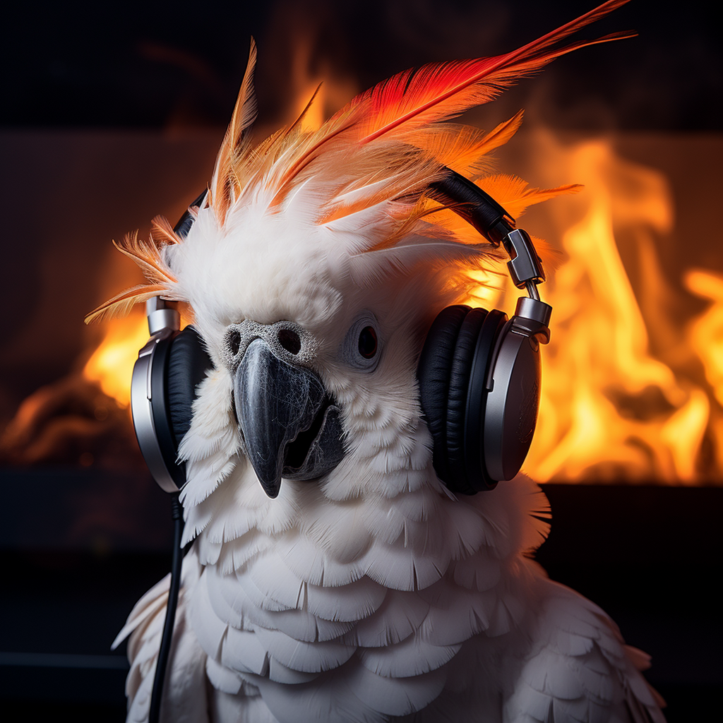 Playful Cockatoo with Headphones on Fire