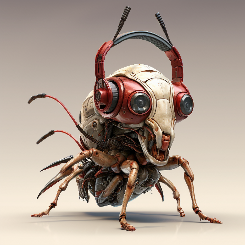 Cockroach wearing headphones in Tim Burton style