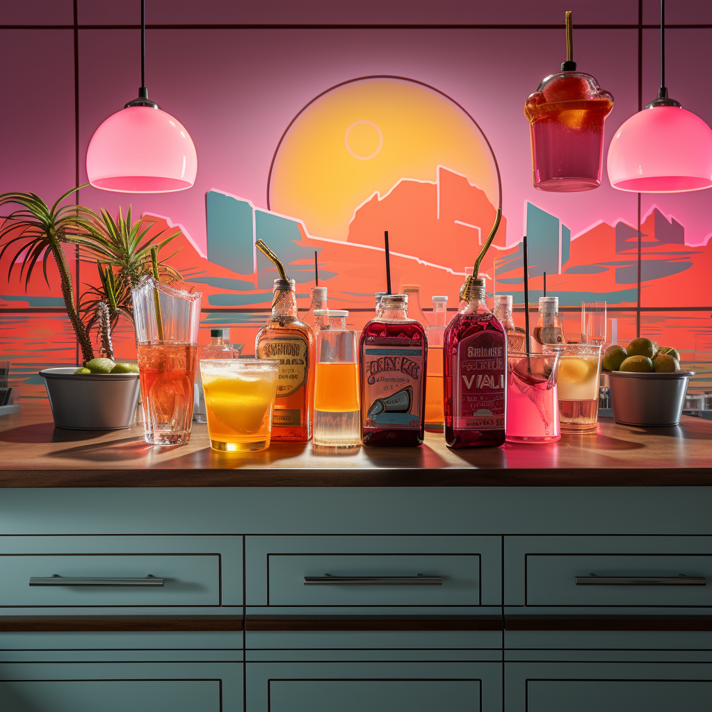 Cocktails and Beer Bottles on Bar Top with Neon Pink Wall