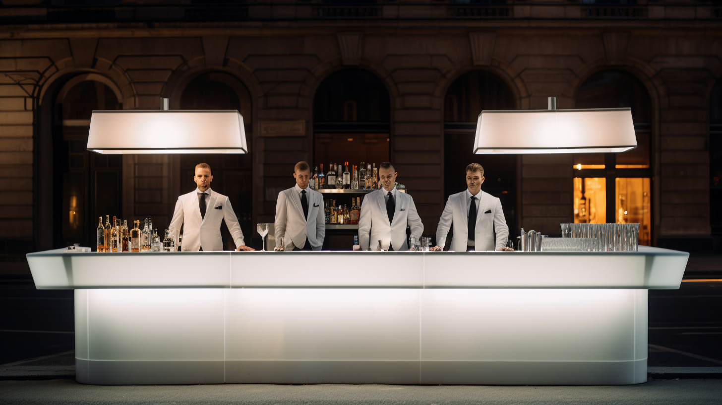 Three bartenders behind a sleek cocktail counter