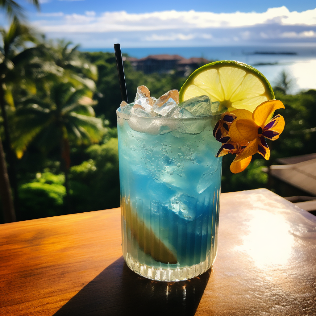 Blue Hawaii Cocktail with Tropical Landscape