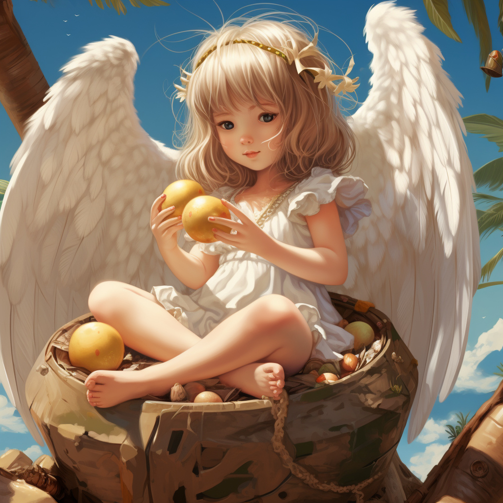 Little girl with wings eating coconut