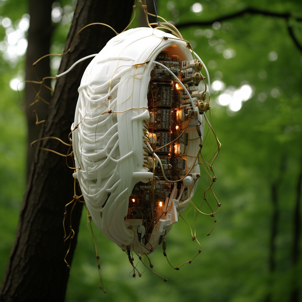 IT hardware and internet cables cocoon on a tree branch