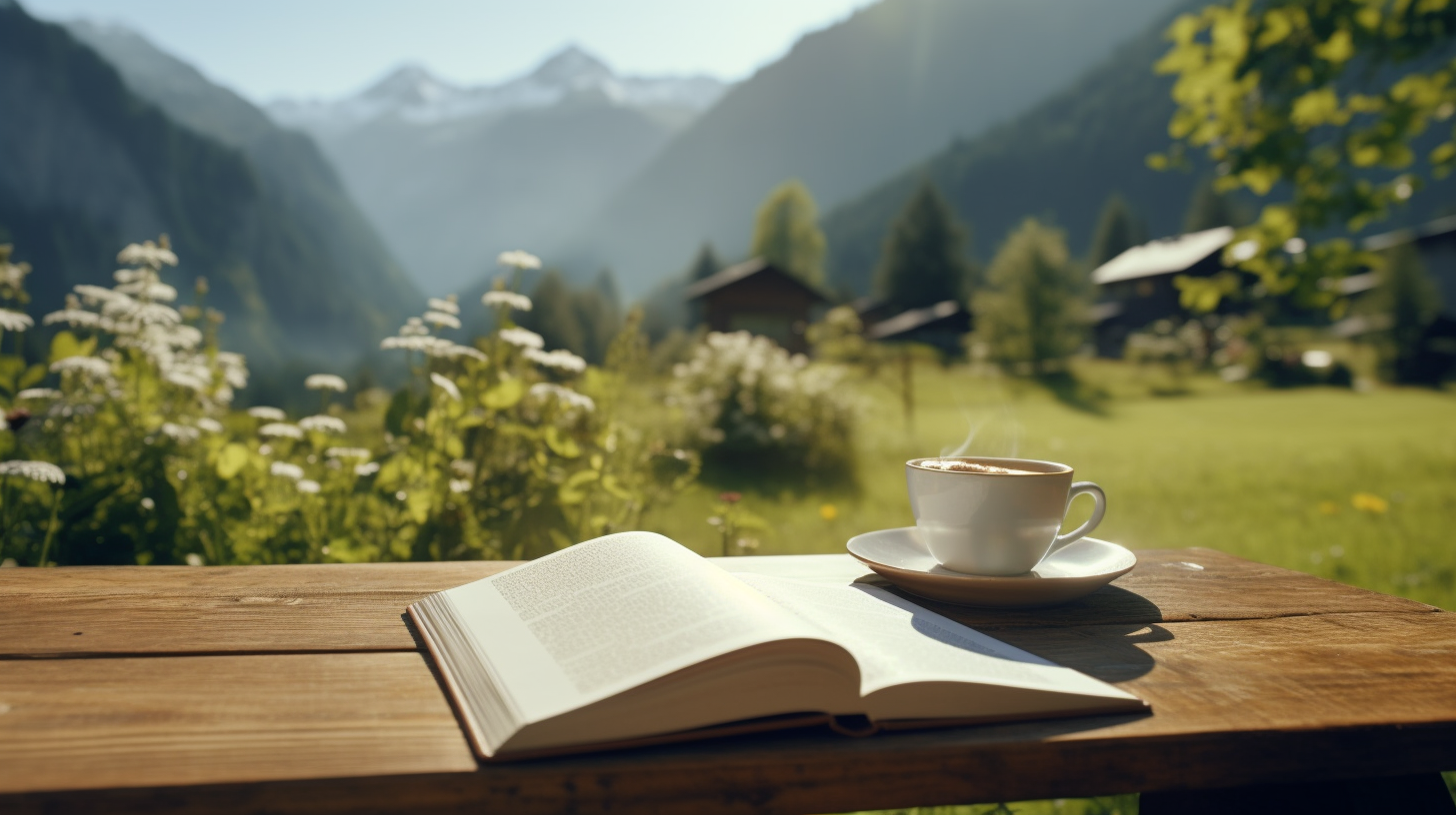 Coffee and book in Swiss countryside