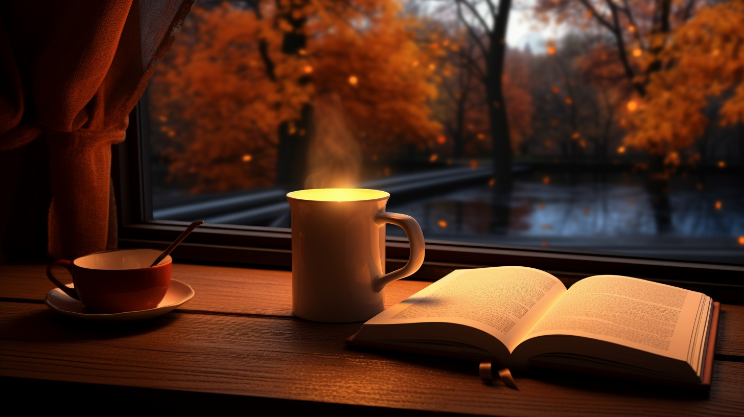 Coffee, book, and unlit candle on relaxing background