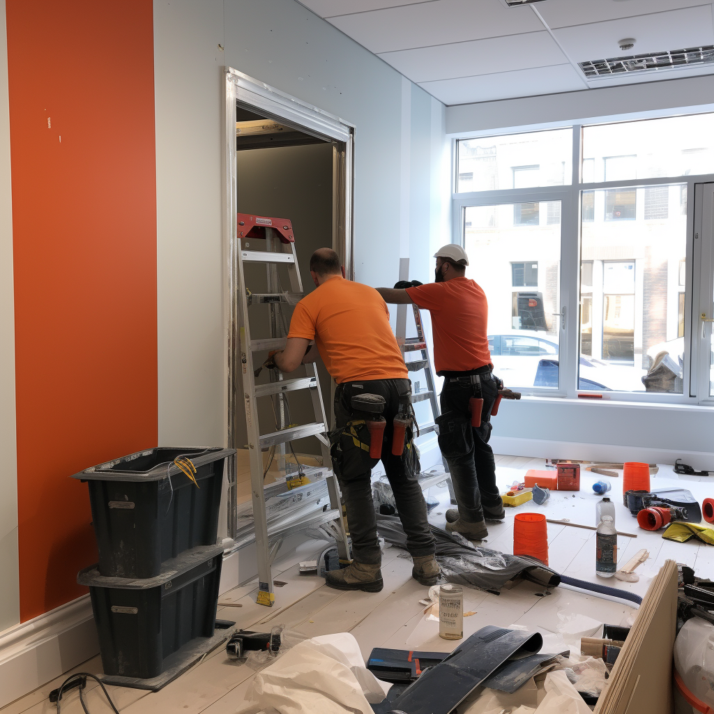 Workers installing coffee corner in office