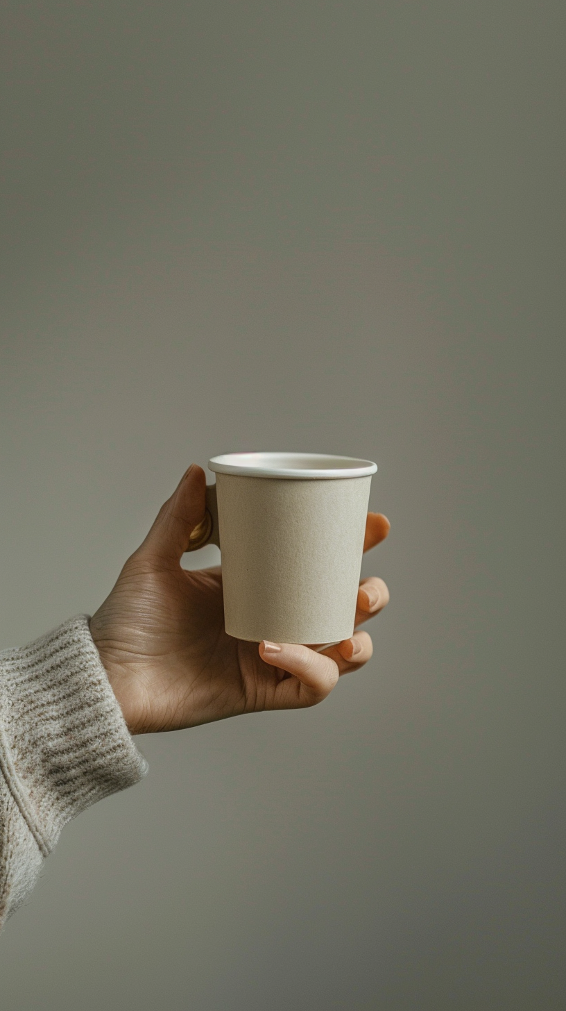 Hand with coffee cup on table