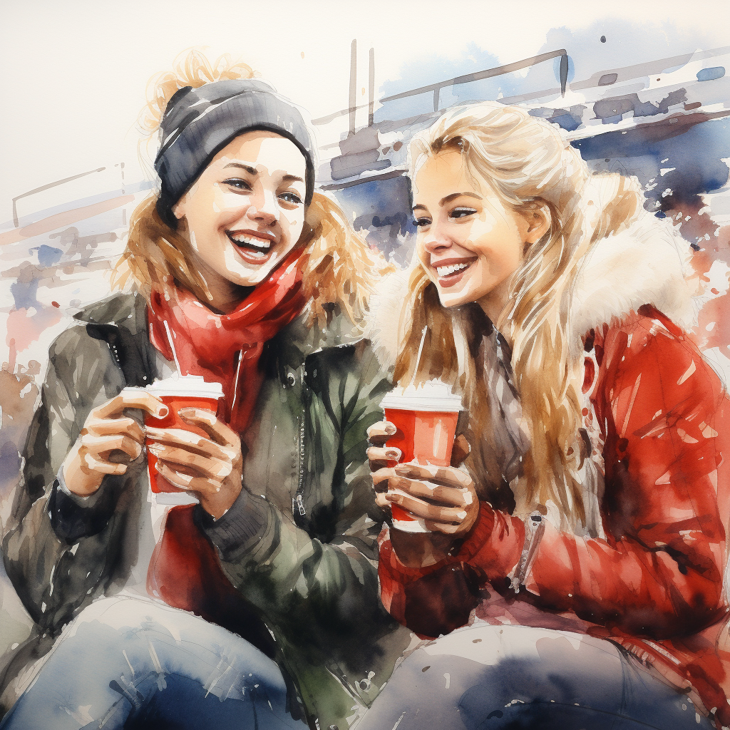 Two women enjoying coffee at a football game