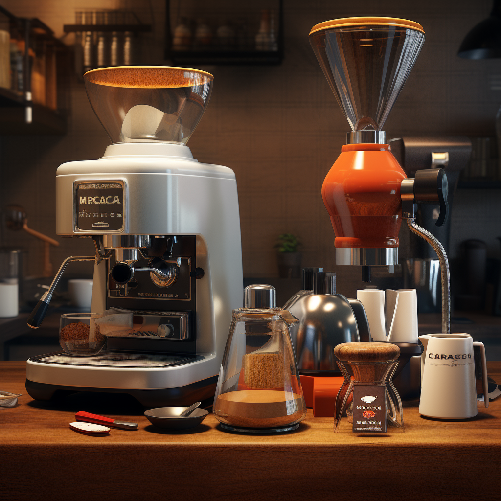 Electric and manual coffee grinder next to espresso machine and brewers