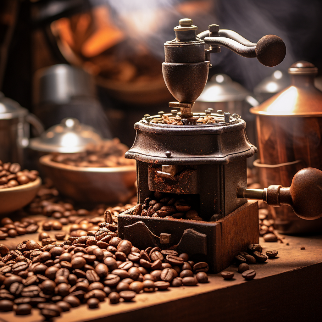 Coffee grinder grinding coffee beans macro