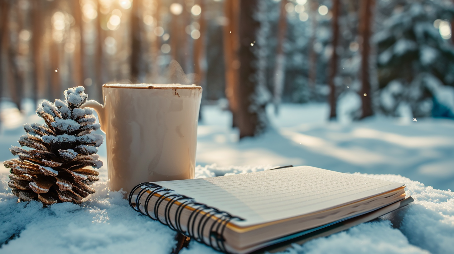 Cup of coffee on snowy forest table