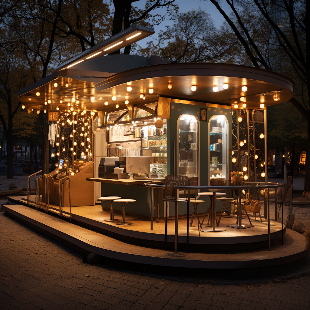 Takeaway coffee point in park with small lamps