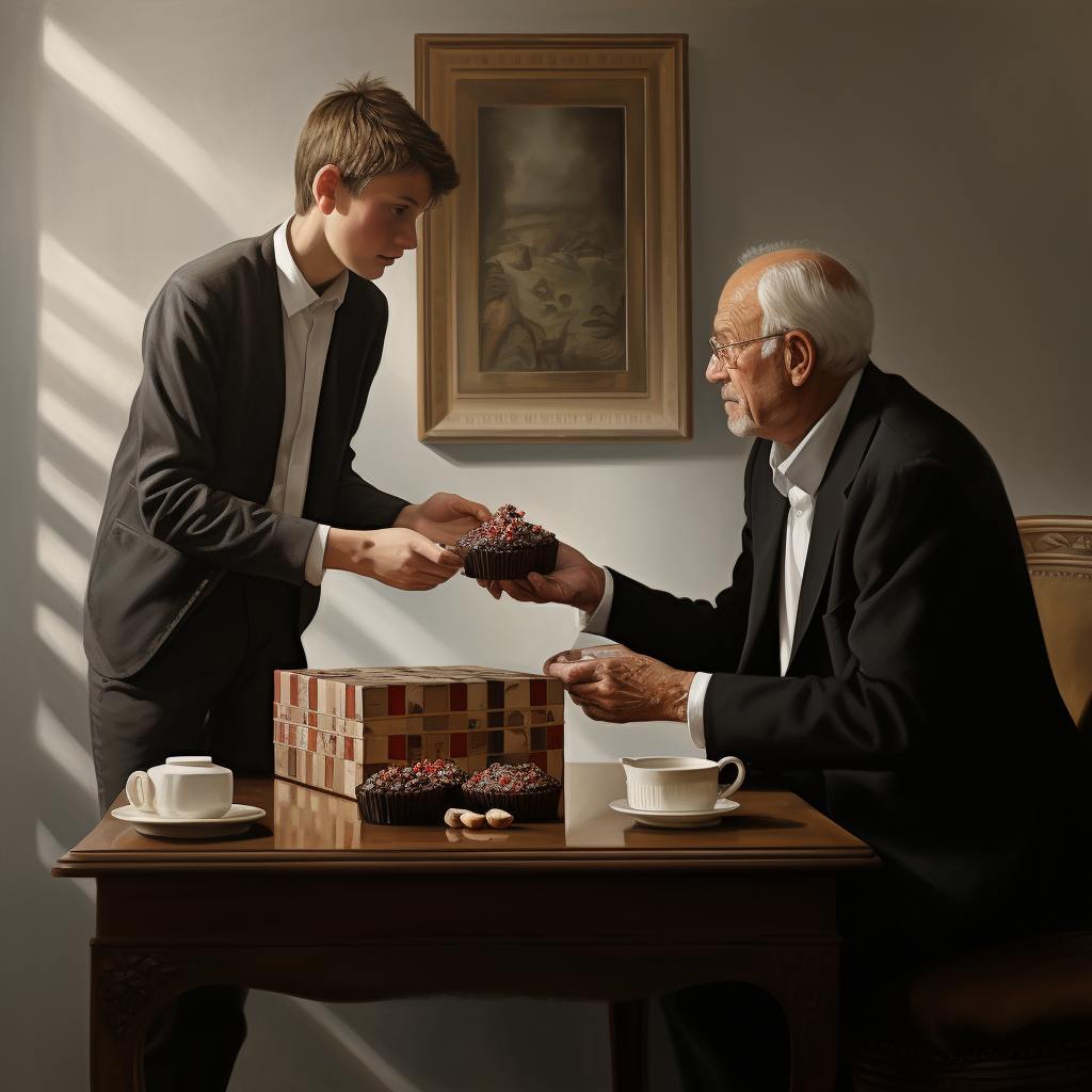 Man serving coffee to his father at home