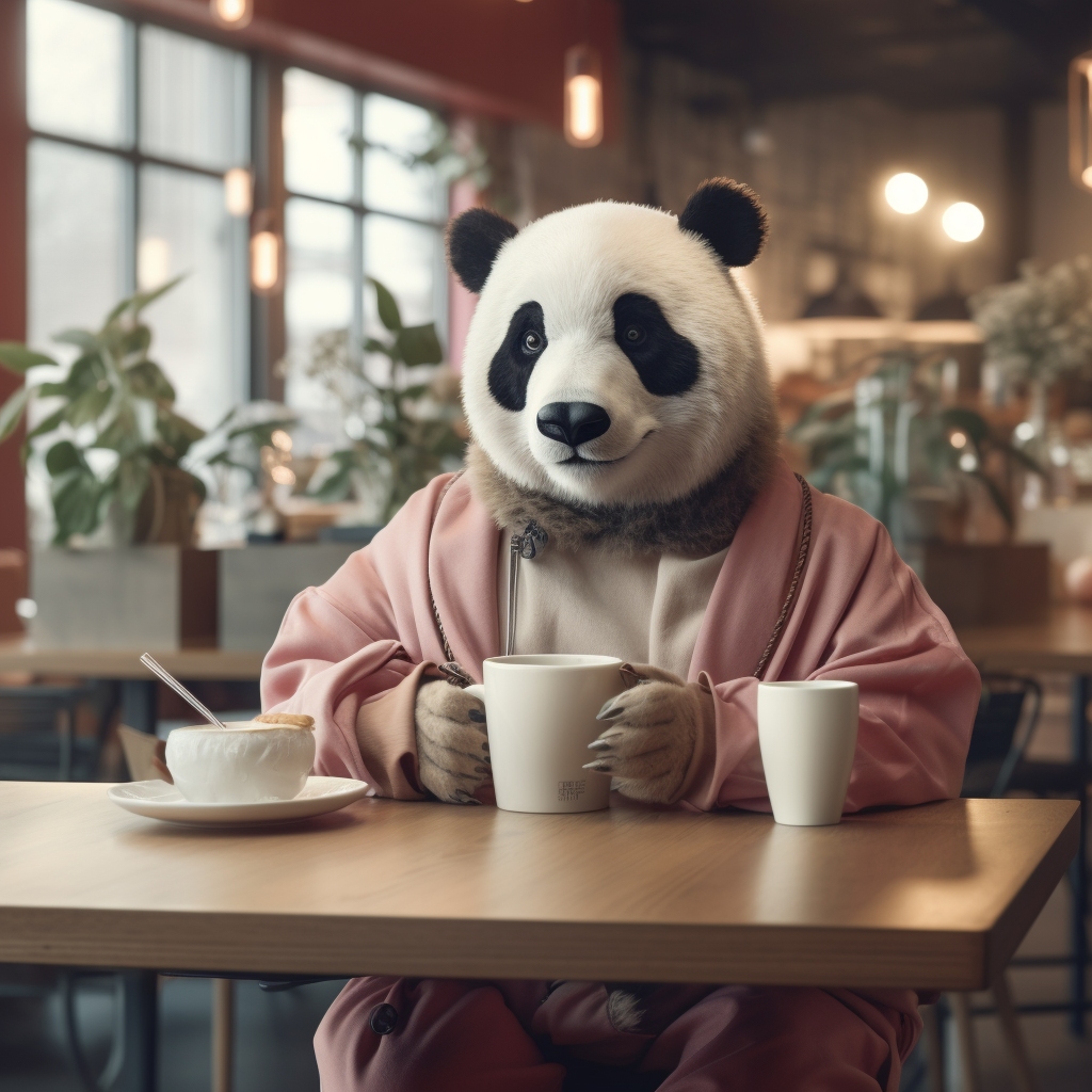 Woman at coffee shop wearing cute panda mask